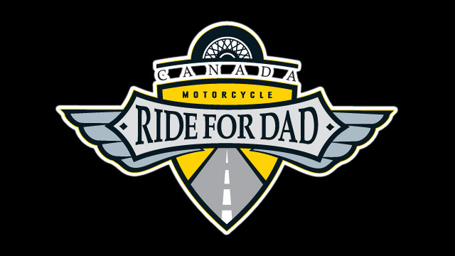 Logotipo de Canada Motorcycle Ride for Dad con alas y un camino, sobre fondo negro