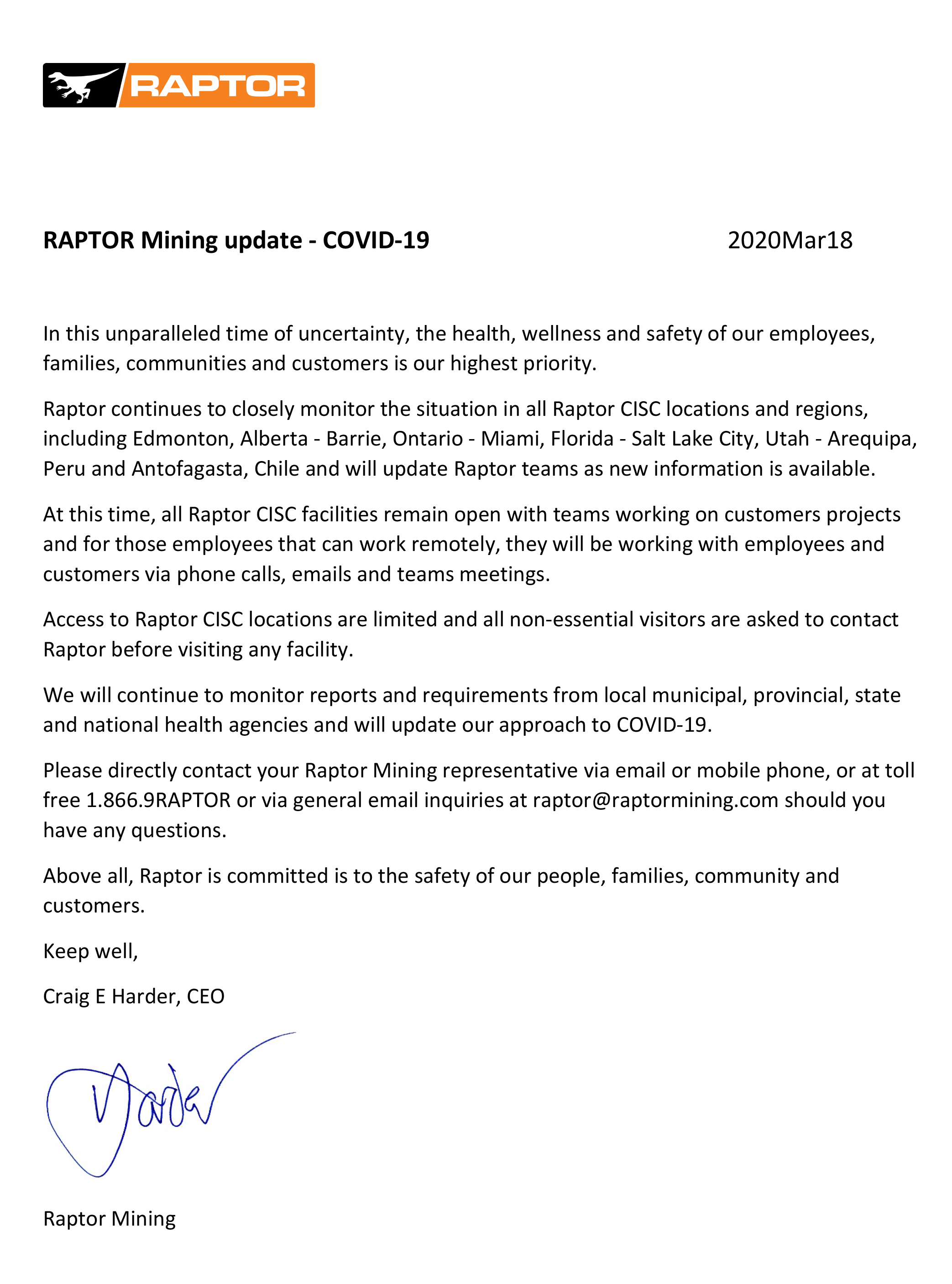 Raptor Mining - Covid 19 Update