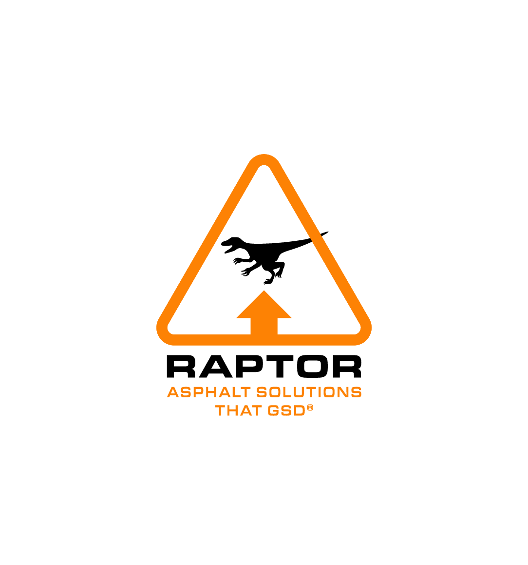 Logotipo de Raptor Asphalt Solutions That GSD: un tri&aacute;ngulo de advertencia naranja con la silueta de un dinosaurio sobre una flecha