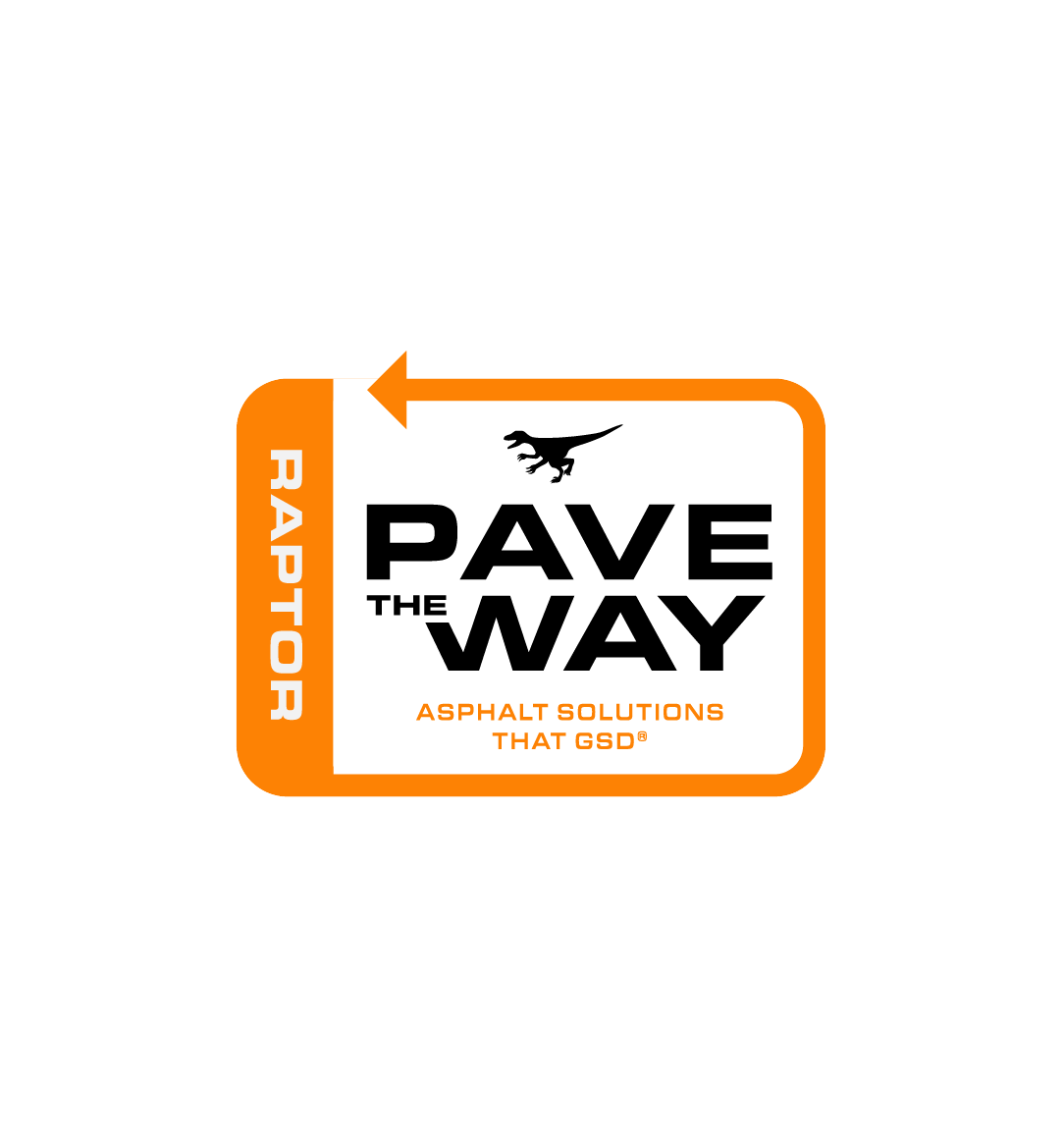 Logotipo de Raptor Pave the Way Asphalt Solutions That GSD: una flecha naranja rodea la silueta de un dinosaurio y las palabras Pave the Way