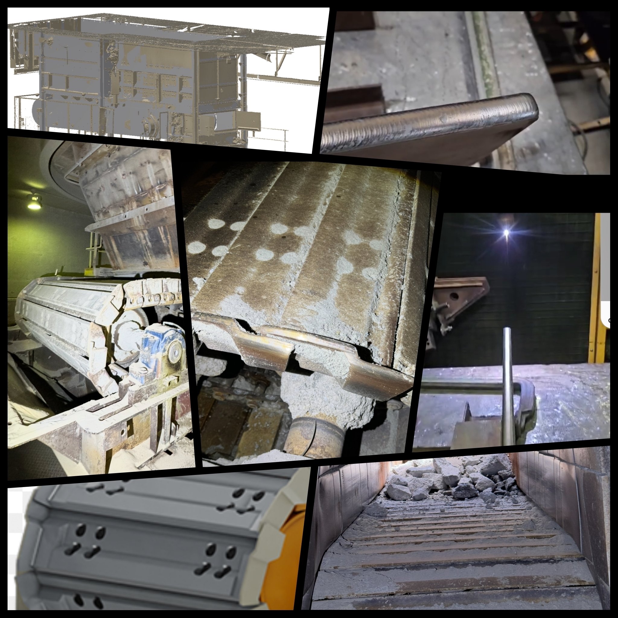 Collage de un alimentador de placas en 3D, una bandeja desgastada, una transmisi&oacute;n por cadena, un primer plano de bandejas desgastadas, una bandeja nueva modelada y un chute del alimentador lleno de roca