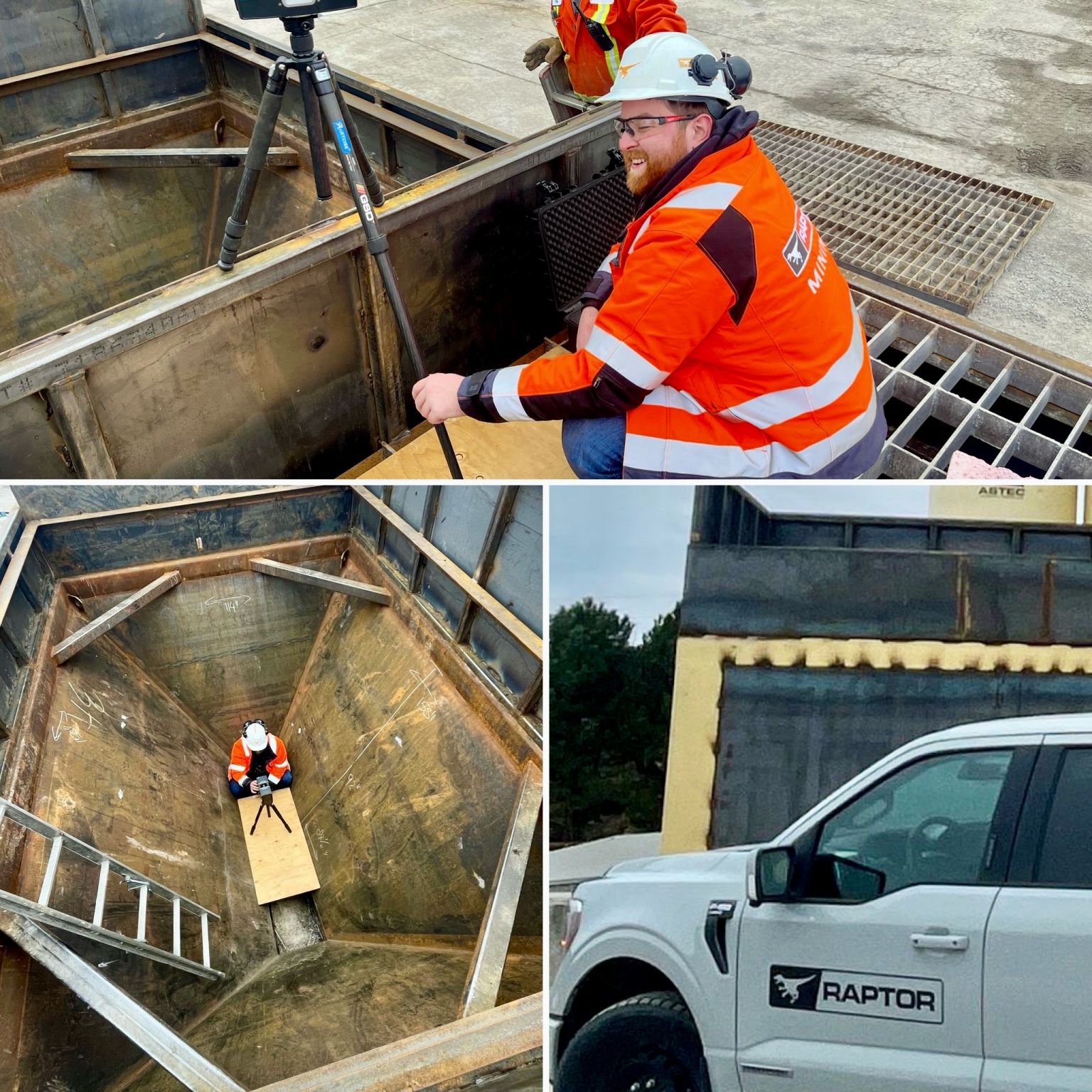 Collage de un trabajador con un esc&aacute;ner l&aacute;ser sobre un tr&iacute;pode en una gran tolva de acero, un trabajador dentro de una tolva y una camioneta Raptor