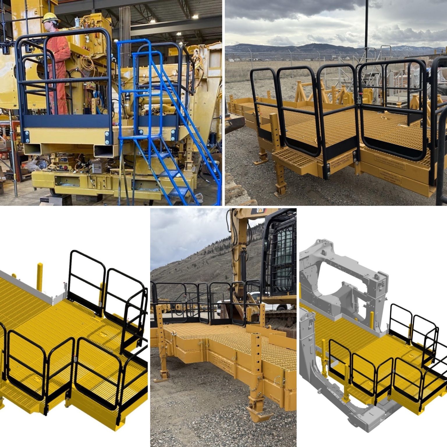 Collage de una plataforma ajustable para el compartimiento del motor con barandas negras instalada sobre el bastidor de un cami&oacute;n, con un modelo 3D y fotos en una mina