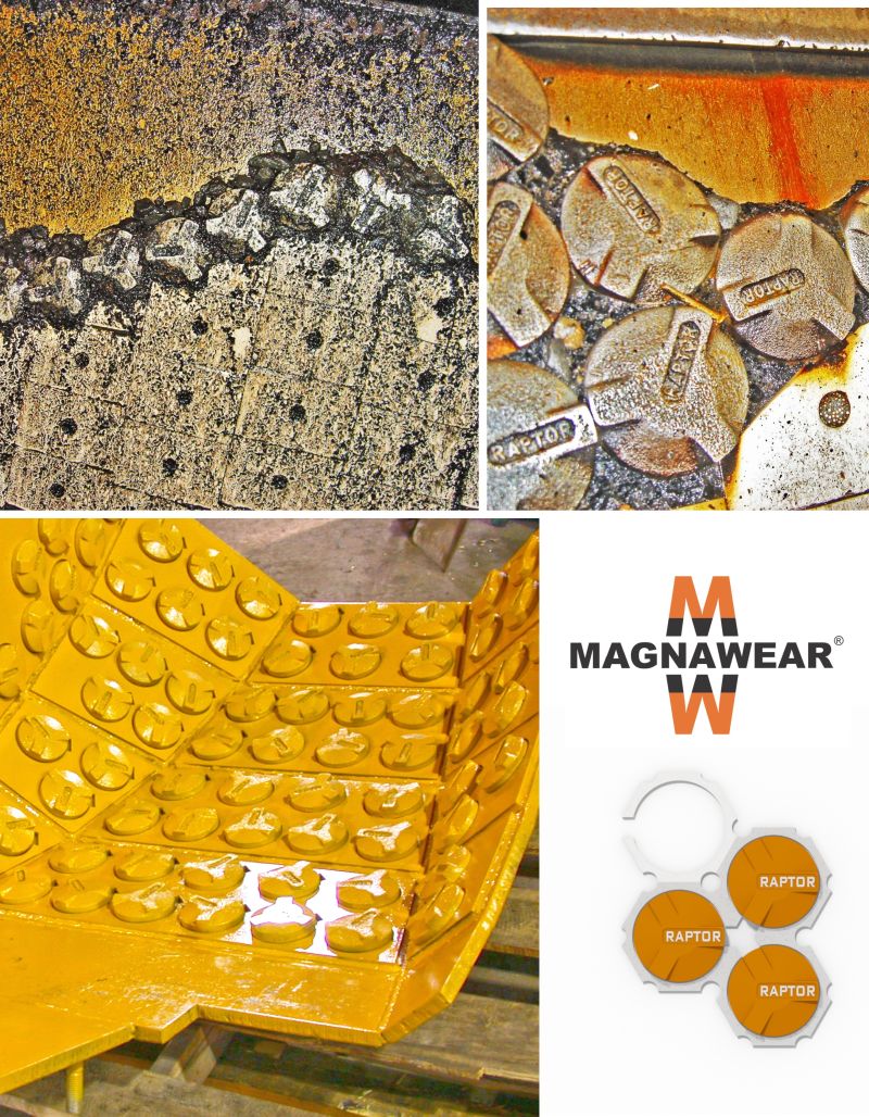 Collage de una superficie de desgaste gastada, botones de desgaste magn&eacute;ticos, un chute amarillo revestido con botones de desgaste redondos, el logotipo de MagnaWear y un dibujo de tres carcasas de imanes
