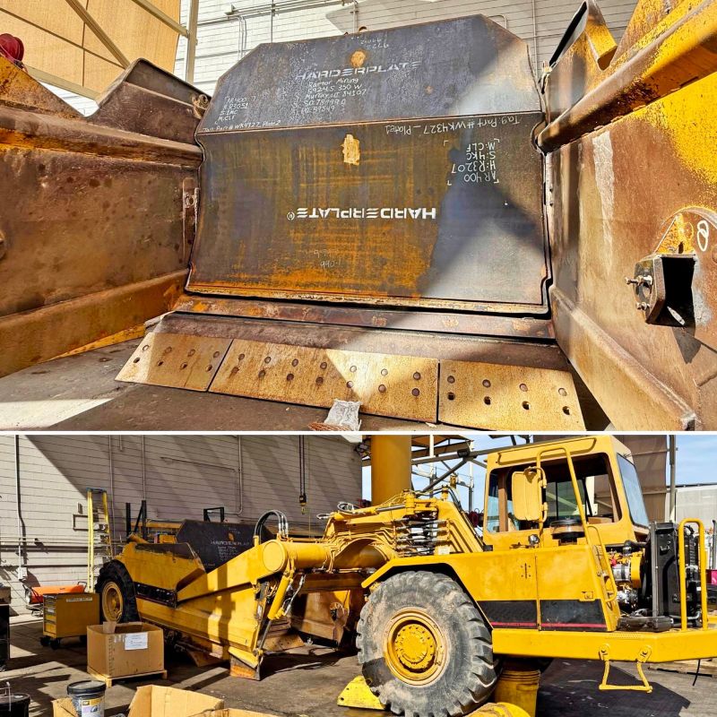 Dos fotos de una tra&iacute;lla: un caj&oacute;n revestido con HarderPlate con un nuevo borde de corte, y una tra&iacute;lla amarilla en un taller