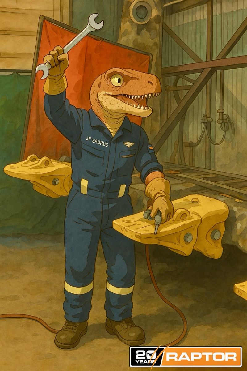 Dinosaurio mec&aacute;nico ilustrado con overol azul marino marcado JP Saurus, sosteniendo una llave junto a dientes de balde amarillos, con el logotipo de Raptor 20 Years