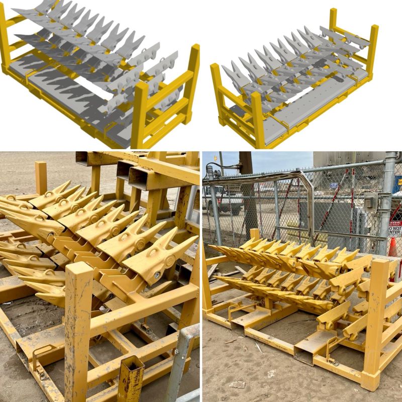 Dos modelos 3D y dos fotos de soportes de acero amarillos que sostienen hileras de dientes de balde