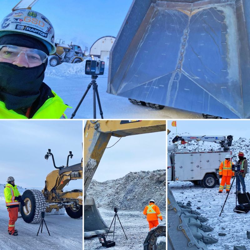 Cuatro fotos del personal de Raptor con ropa de alta visibilidad escaneando con l&aacute;ser la caja de un cami&oacute;n de acarreo, m&aacute;quinas mineras y un balde en condiciones de nieve