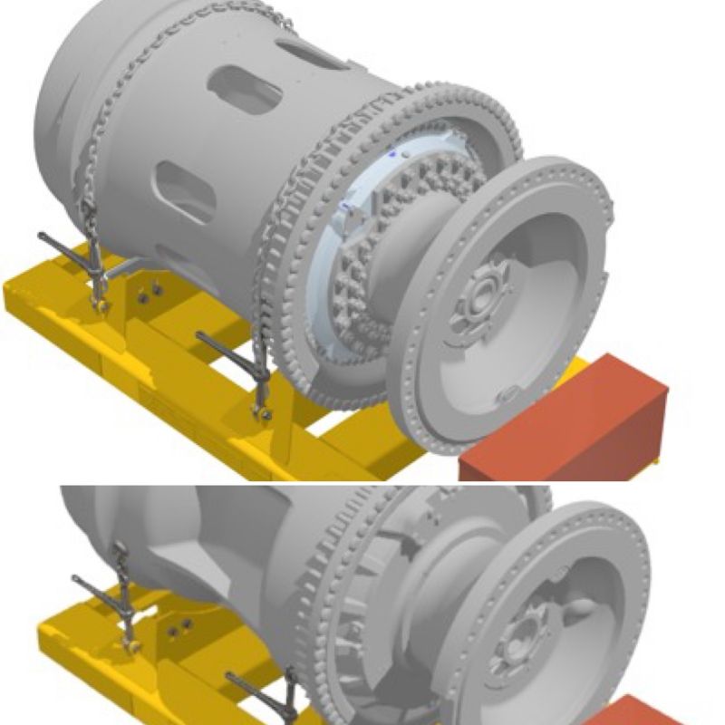 Dos modelos 3D de un mando final 793 sobre un soporte amarillo, con el mando final en gris