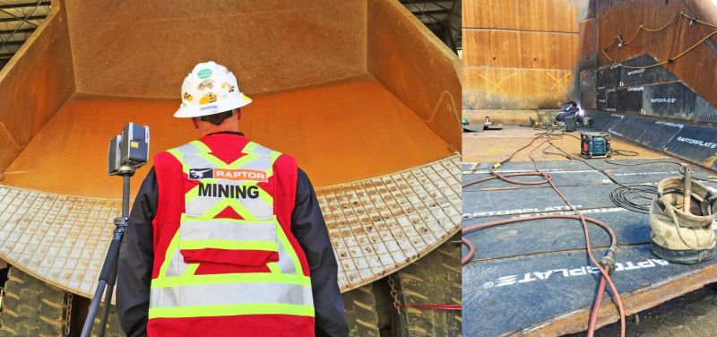 Dos fotos: un trabajador con chaleco Raptor MINING con un esc&aacute;ner l&aacute;ser frente a la caja de un cami&oacute;n de acarreo, y la caja de un cami&oacute;n revestida con placas RaptorPlate que se suelda