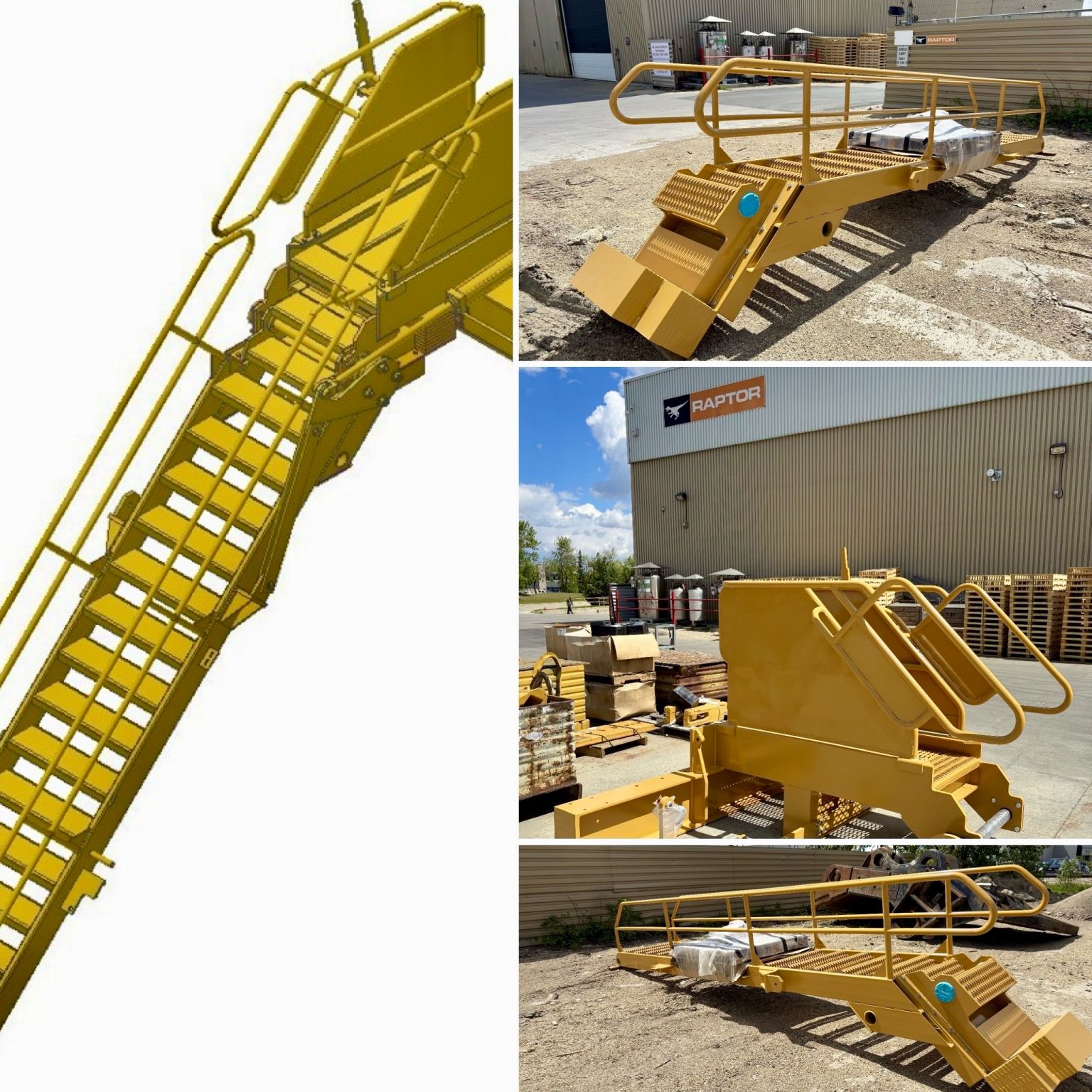 Collage de un modelo 3D de escaleras de seguridad para pala de cable y escaleras de seguridad amarillas con barandas fotografiadas frente al taller de Raptor