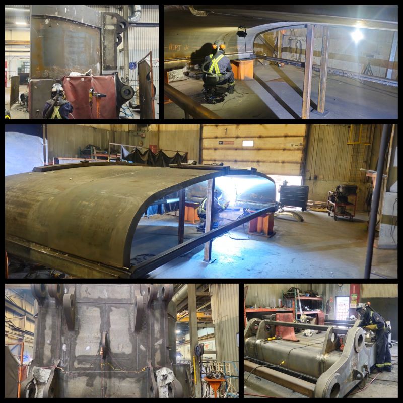 Collage de cinco fotos de un cuchar&oacute;n nuevo en fabricaci&oacute;n, con soldadores trabajando en placas y bastidores de acero