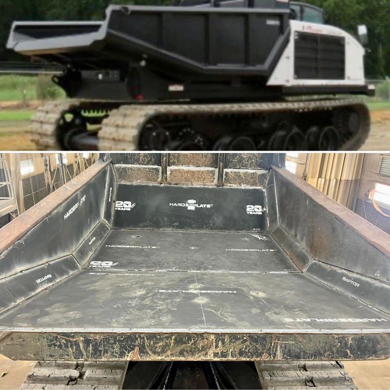 Dos fotos: un transportador de orugas negro con caja de volteo, y la misma caja revestida de nuevo con HarderPlate marcado 20 Years