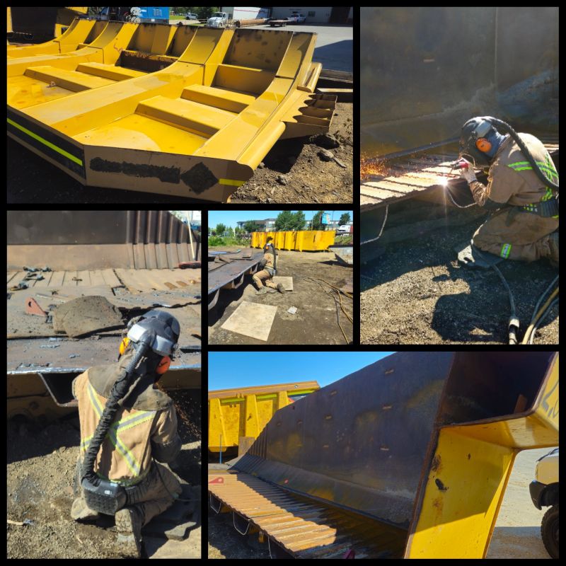 Collage de cinco fotos de cajas de cami&oacute;n de acarreo amarillas que se cortan y reconstruyen, con trabajadores con respiradores arrodillados cortando y soldando