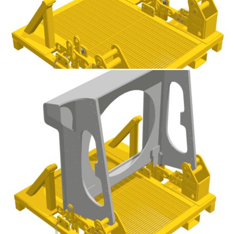 Dos renders 3D de un soporte amarillo de env&iacute;o y trabajo para el hardnose de una topadora con una plataforma de rejilla, con el hardnose gris montado sobre &eacute;l en la vista inferior