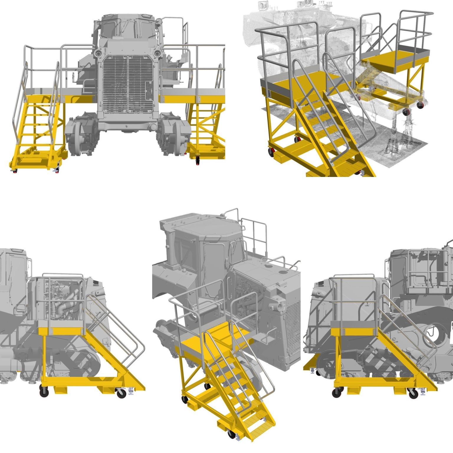 Cinco vistas 3D de una plataforma m&oacute;vil amarilla para el compartimiento del motor con escaleras y barandas junto a una topadora gris