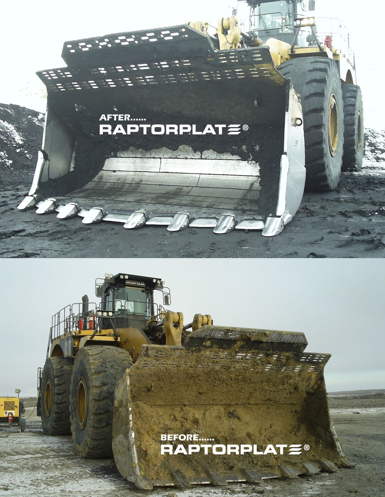 Fotos del antes y el despu&eacute;s de un gran balde de cargador frontal: sucio y desgastado antes de RaptorPlate, y con un revestimiento RaptorPlate y dientes nuevos despu&eacute;s
