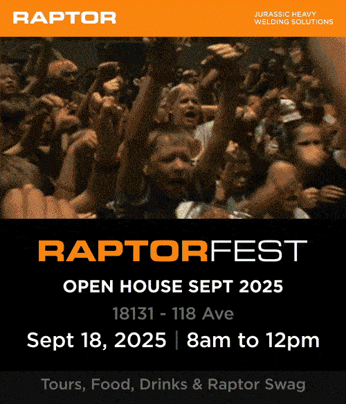 P&oacute;ster de la jornada de puertas abiertas RaptorFest del 18 de septiembre de 2025, de 8 a. m. a 12 p. m. en 18131 118 Ave, con un grupo de ni&ntilde;os entusiasmados y los logotipos de Raptor y Jurassic Heavy Welding Solutions