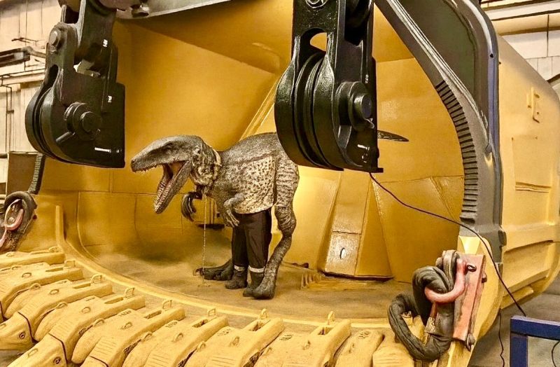 Disfraz de dinosaurio de tama&ntilde;o real de pie dentro de un gran balde amarillo bajo las poleas de cable, con dientes alineados a lo largo del labio