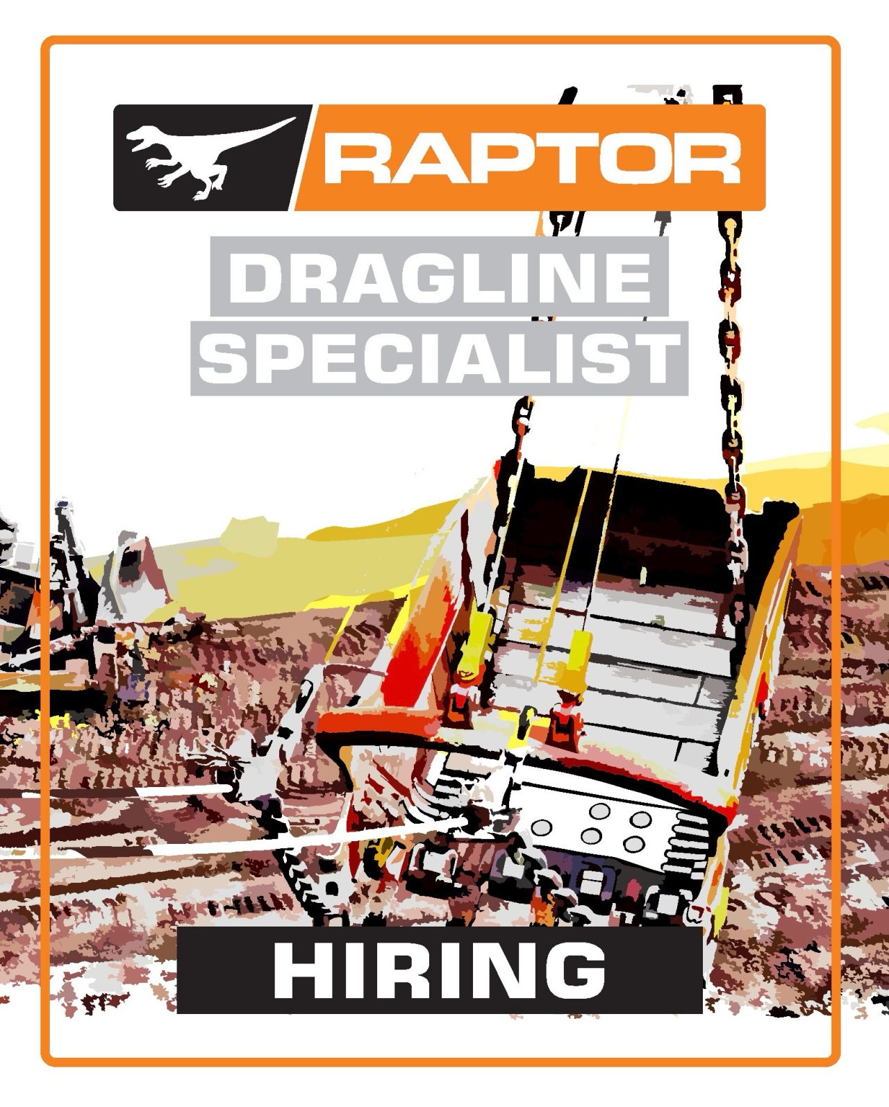 Cartel de empleo de Raptor para un Especialista en Dragalinas, con una ilustraci&oacute;n de un balde de dragalina colgando de cadenas en una mina
