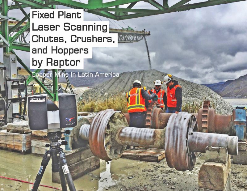 Trabajadores con chalecos de alta visibilidad junto a un gran rodillo y un esc&aacute;ner l&aacute;ser en una mina de cobre, con el texto Fixed Plant Laser Scanning Chutes, Crushers, and Hoppers by Raptor
