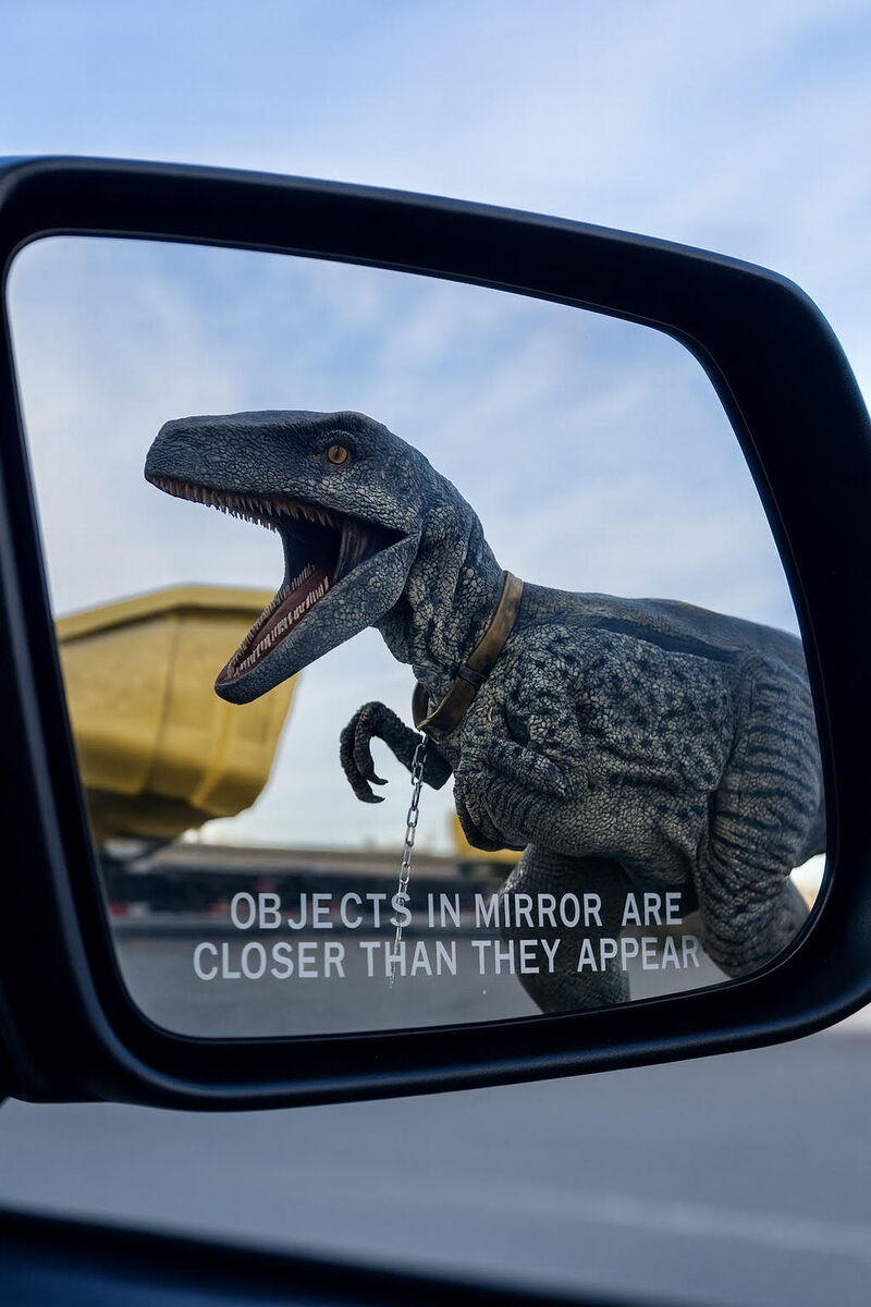 <p>"Objects in Mirror are Closer than they Appear"!</p>