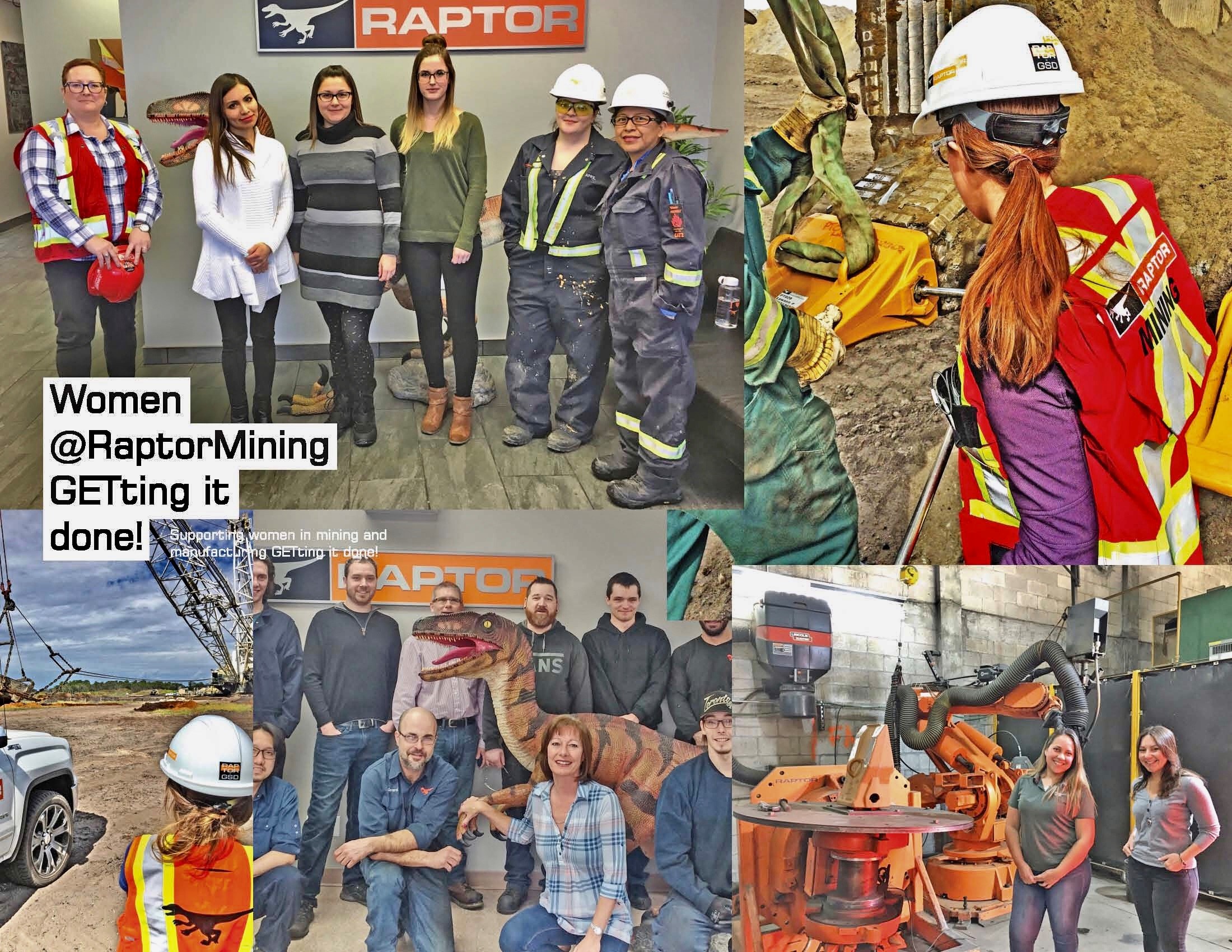 Collage de mujeres en Raptor: retratos del equipo en la oficina, una trabajadora instalando piezas en una cantera y dos mujeres junto a robots de soldadura naranjas, con el texto Women @RaptorMining GETting it done!